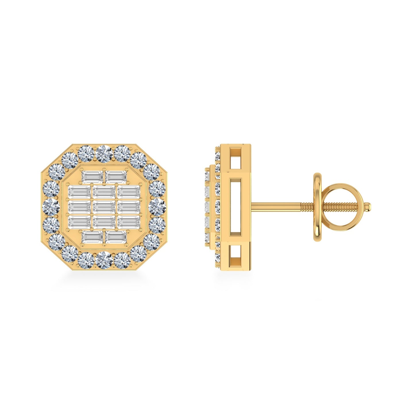 14K Yellow Gold Round Baguette Diamond Designer Stud Earrings 1/2 Ctw