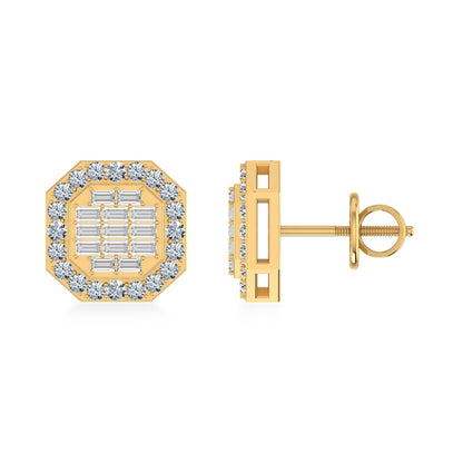 14K Yellow Gold Round Baguette Diamond Designer Stud Earrings 1/2 Ctw