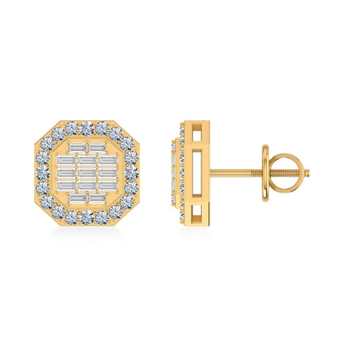 14K Yellow Gold Round Baguette Diamond Designer Stud Earrings 1/2 Ctw