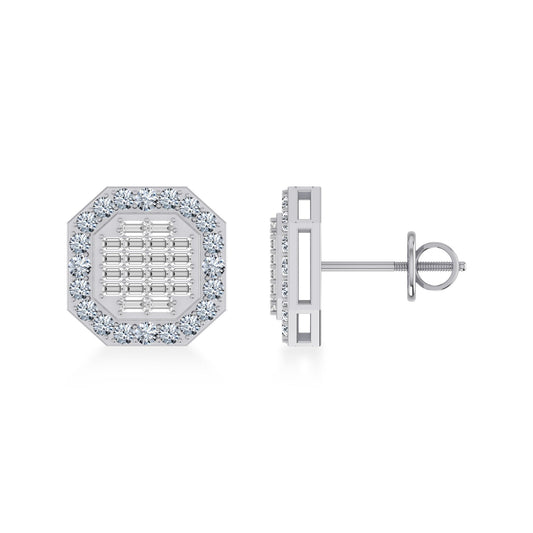 14K White Gold Round Baguette Diamond Designer Stud Earrings 7/8 Ctw