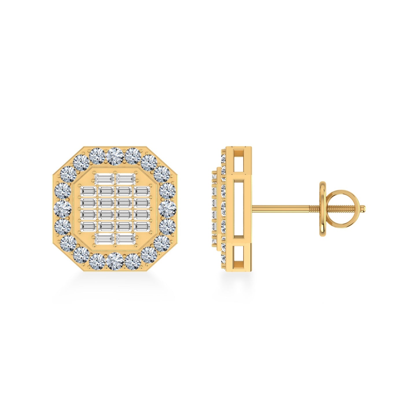 14K Yellow Gold Round Baguette Diamond Designer Stud Earrings 7/8 Ctw
