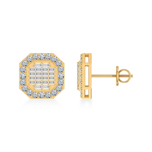 14K Yellow Gold Round Baguette Diamond Designer Stud Earrings 7/8 Ctw