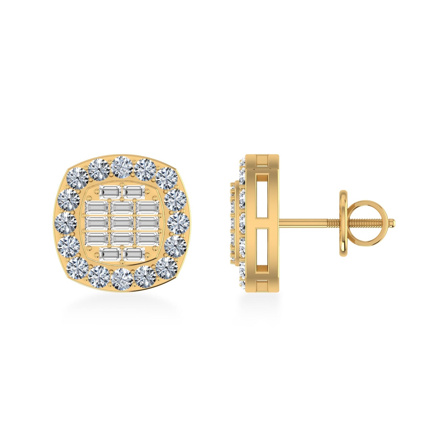 14K Yellow Gold Round Baguette Diamond Square Shape Stud Earrings 5/8 Ctw