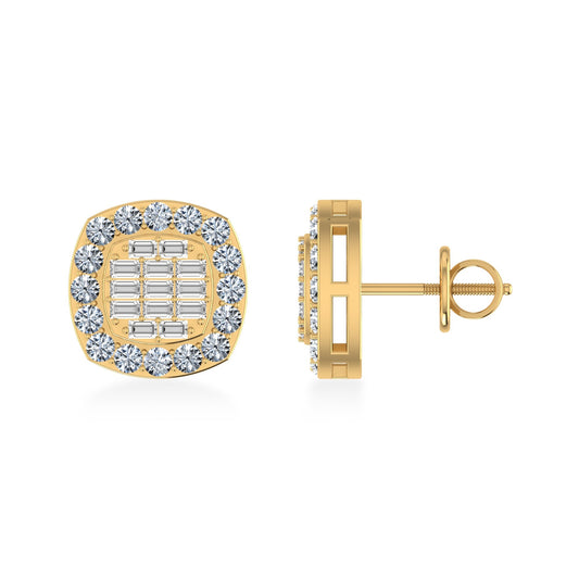 14K Yellow Gold Round Baguette Diamond Square Shape Stud Earrings 5/8 Ctw