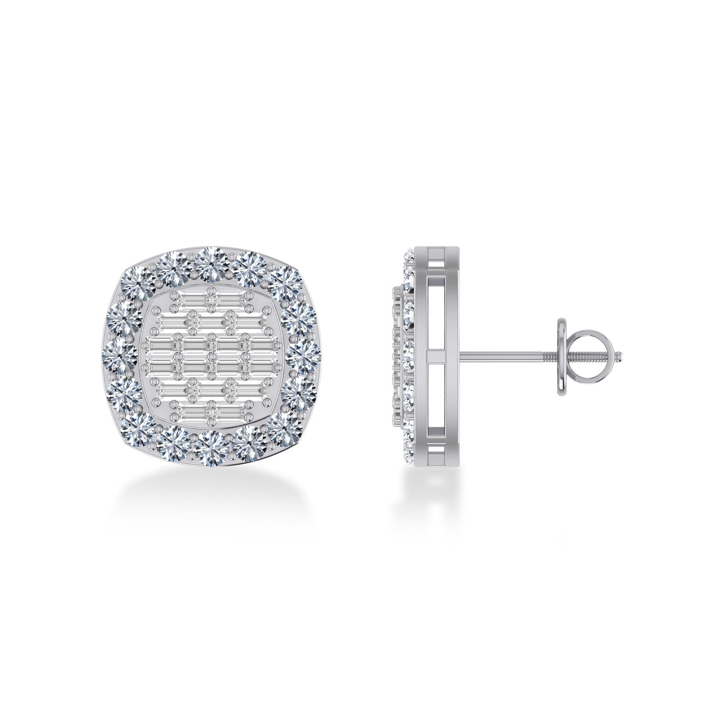 14K White Gold Round Baguette Diamond Square Shape Stud Earrings 1 Ctw