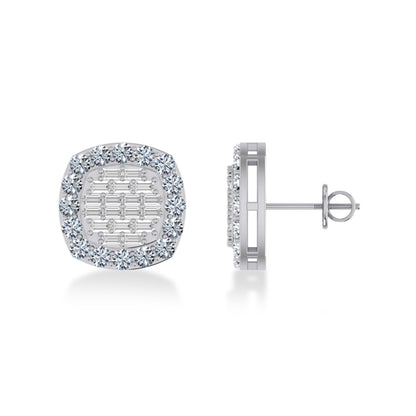 14K White Gold Round Baguette Diamond Square Shape Stud Earrings 1 Ctw