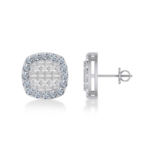 14K White Gold Round Baguette Diamond Square Shape Stud Earrings 1 Ctw