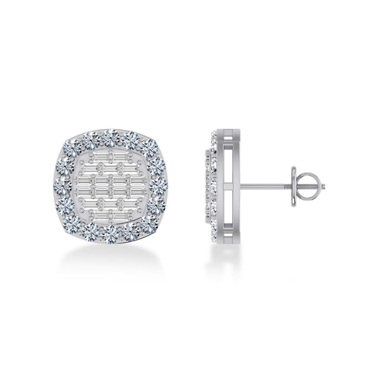 14K White Gold Round Baguette Diamond Square Shape Stud Earrings 1 Ctw