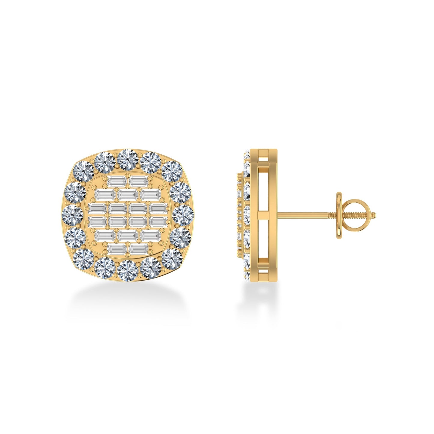 14K Yellow Gold Round Baguette Diamond Square Shape Stud Earrings 1 Ctw