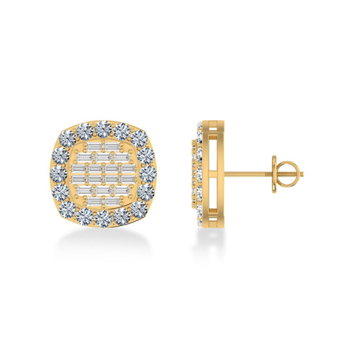 14K Yellow Gold Round Baguette Diamond Square Shape Stud Earrings 1 Ctw