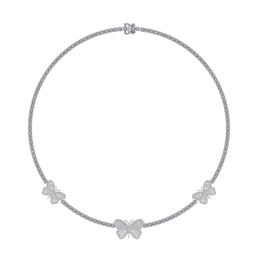 10K White Gold Round Baguette Diamond Butterfly Designer 18 Inch Necklace 1-7/8 Ctw