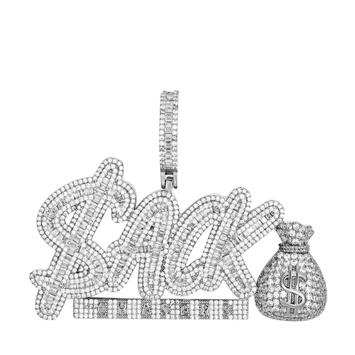 Sterling Silver Round Baguette Cubic Zirconia Sack Chaser Word Pendant