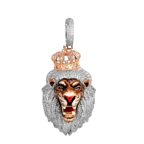 Sterling Silver Cubic Zirconia Roaring Lion Animal Pendant