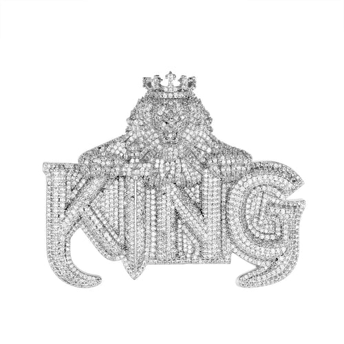 Sterling Silver Round Cubic Zirconia Crown Lion King Word Pendant