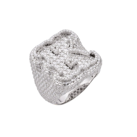 Sterling Silver Round Baugette Moissanite Albhabet K letter Initial Size 10 Men Ring 7-1/2 Ctw