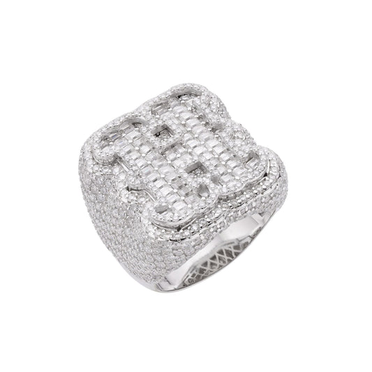 Sterling Silver Round Baugette Moissanite Albhabet H letter Initial Size 10 Men Ring 7-7/8 Ctw