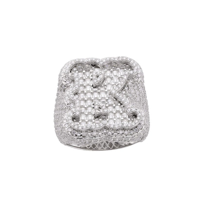 Sterling Silver Round Baugette Moissanite Albhabet K letter Initial Size 10 Men Ring 7-1/2 Ctw