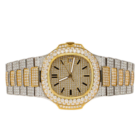 Moissanite Stainless Steel Yellow Two Tone Band Men Watch 18-1/3 Ctw